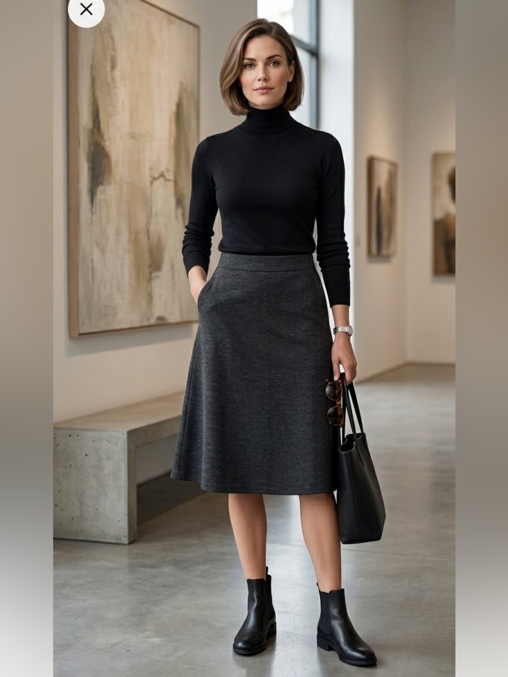 Muji Classic Wool-blend Charcoal A-line Swing Skirt with Pockets Small